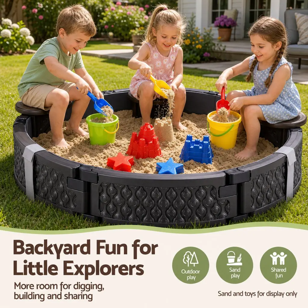Kids Outdoor Sandbox Round 121cm Sandpit 3 Seats Brown Cover Liner Backyard
