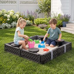Kids Square Sandbox With 4 Seats Grey Liner Cover Outdoor Sand Box Brown