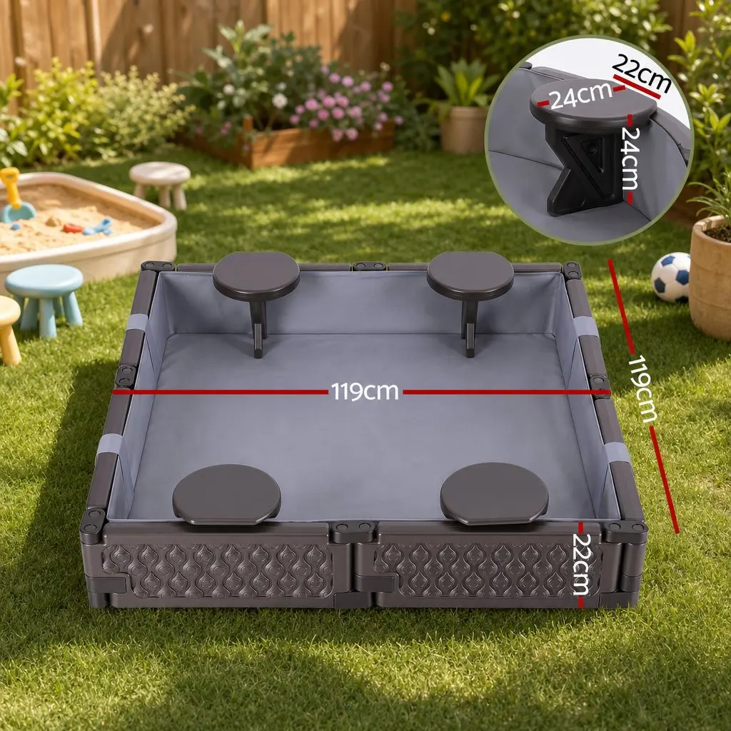 Kids Square Sandbox with 4 Seats Grey Cloth Liner Cover Outdoor Sand Pit Brown