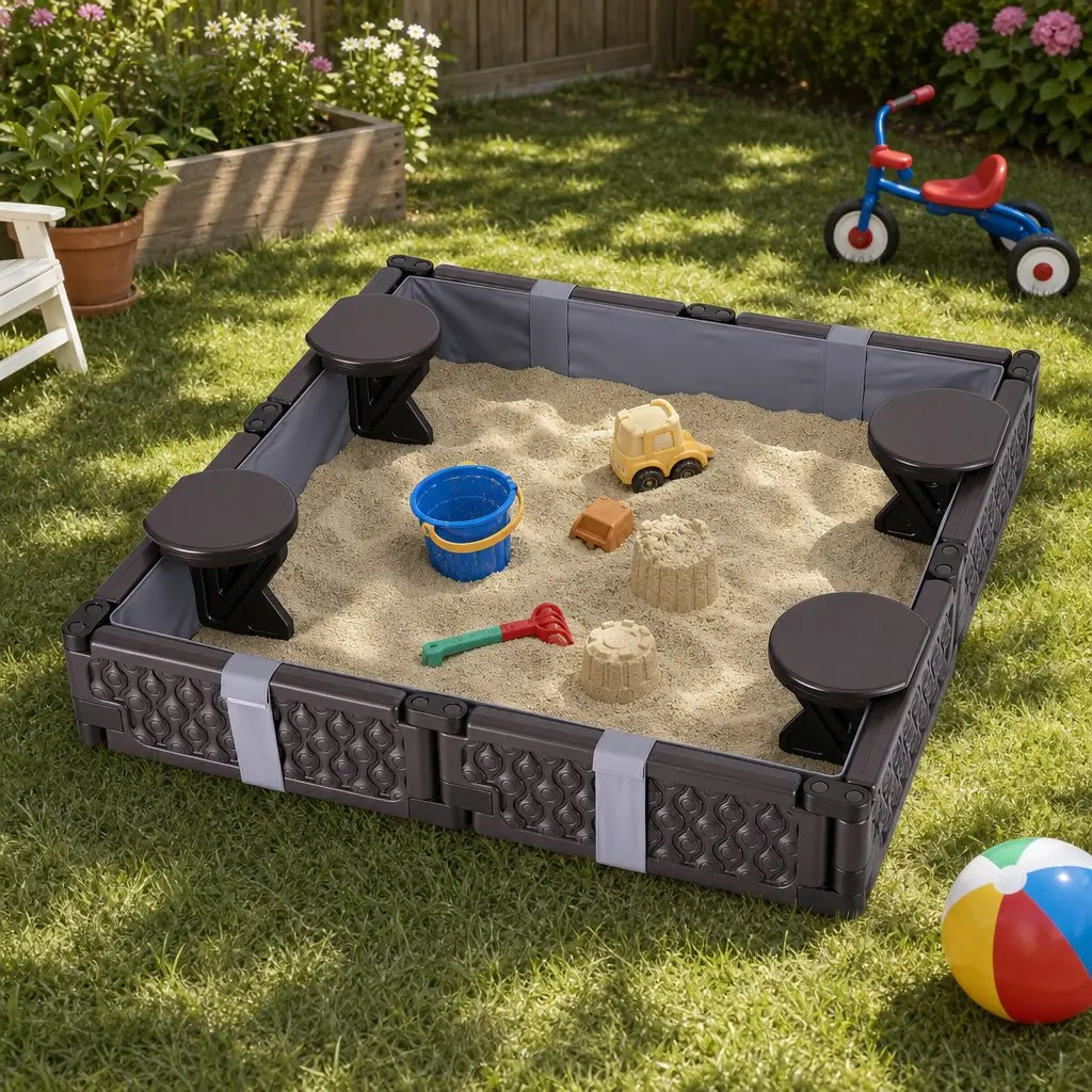 Kids Square Sandbox with 4 Seats Grey Cloth Liner Cover Outdoor Sand Pit Brown