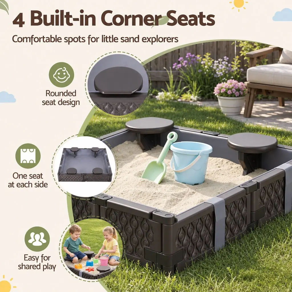 Kids Square Sandbox with 4 Seats Grey Cloth Liner Cover Outdoor Sand Pit Brown