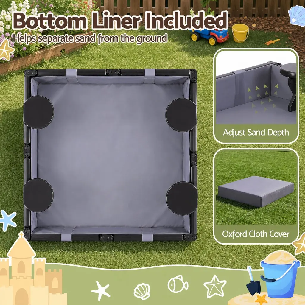 Kids Square Sandbox with 4 Seats Grey Cloth Liner Cover Outdoor Sand Pit Brown