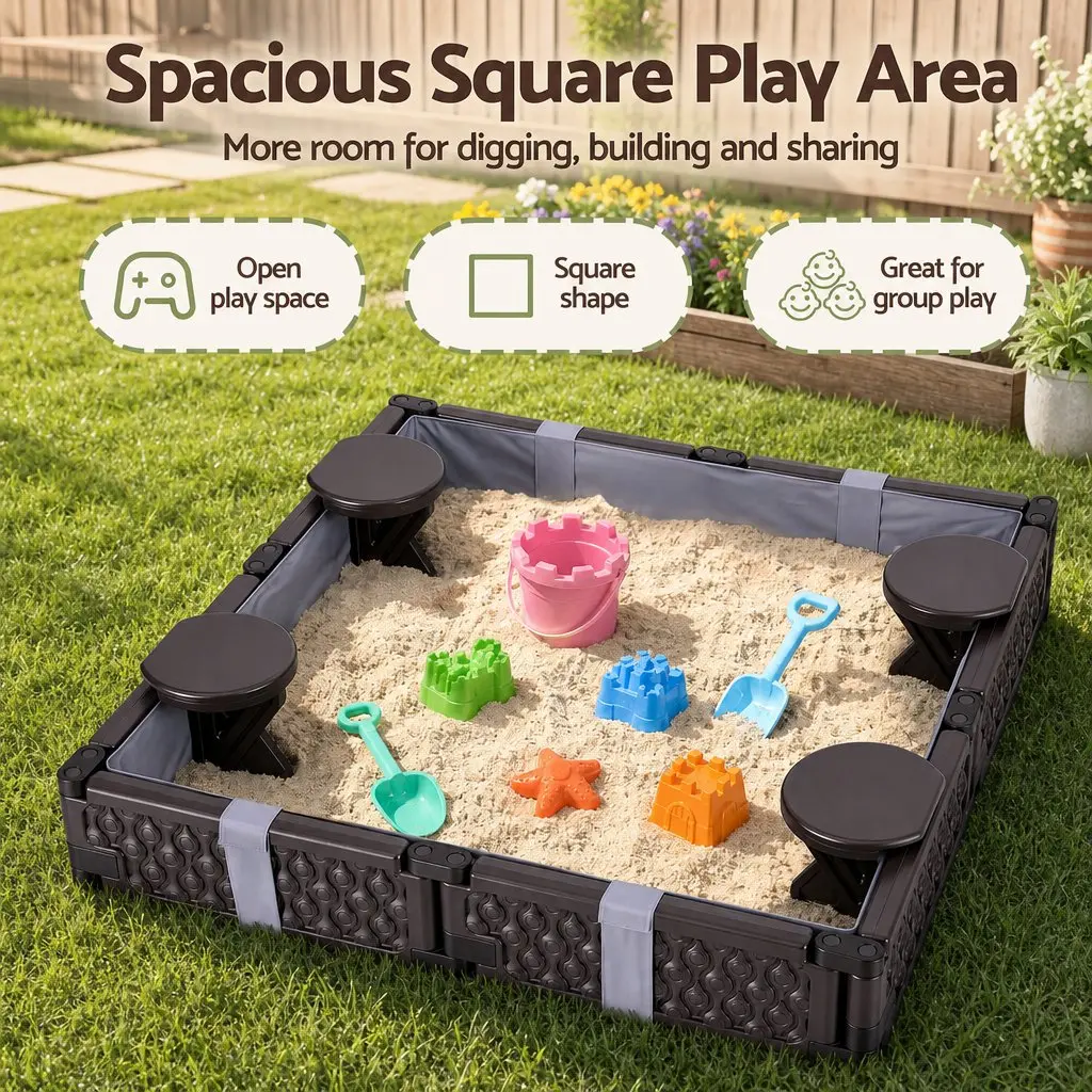 Kids Square Sandbox with 4 Seats Grey Cloth Liner Cover Outdoor Sand Pit Brown