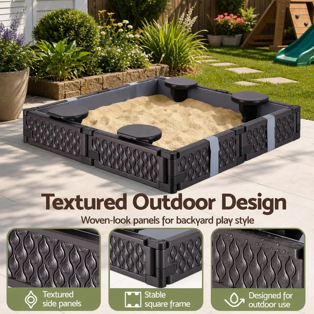 Kids Square Sandbox with 4 Seats Grey Cloth Liner Cover Outdoor Sand Pit Brown