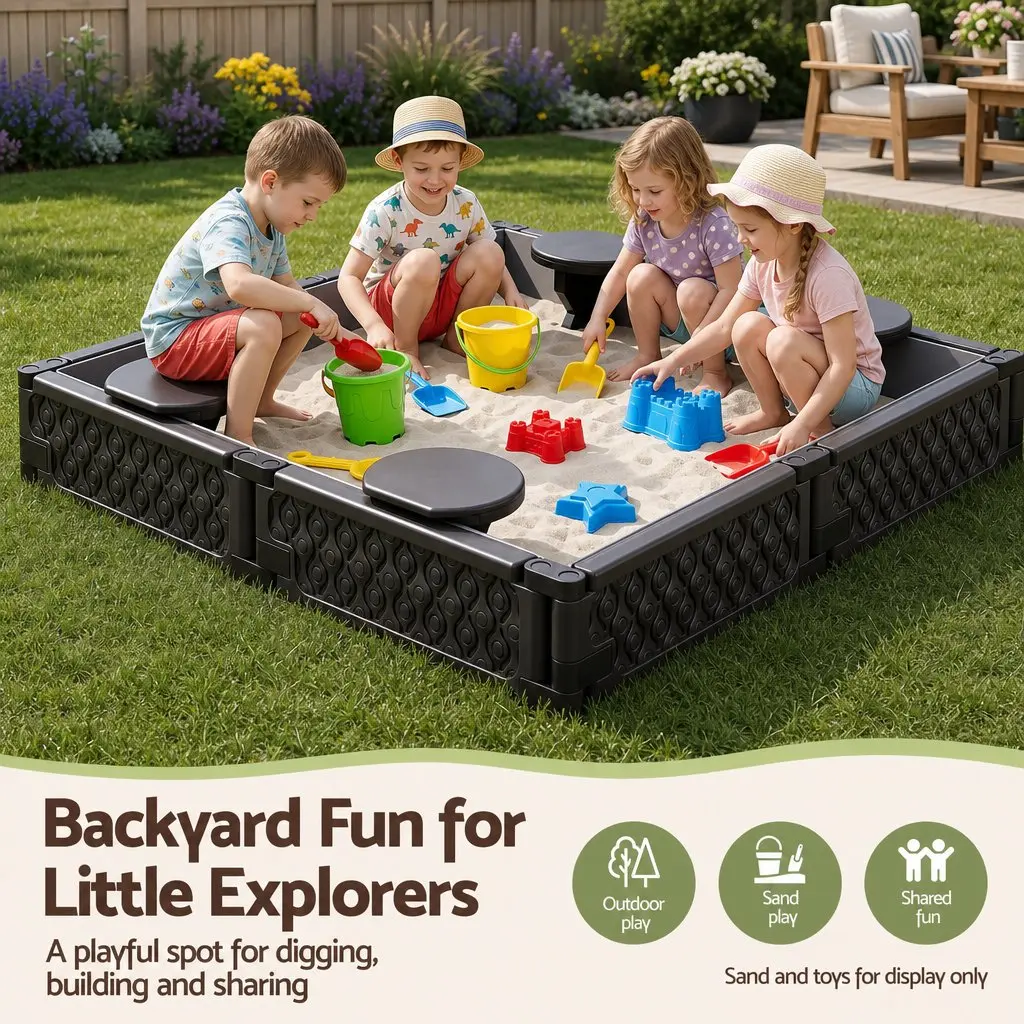 Kids Square Sandbox with 4 Seats Grey Cloth Liner Cover Outdoor Sand Pit Brown