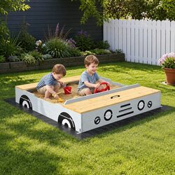 Wooden Car Sandbox 120cm Kids Outdoor Sandpit Bench Seats Storage Steering Wheel