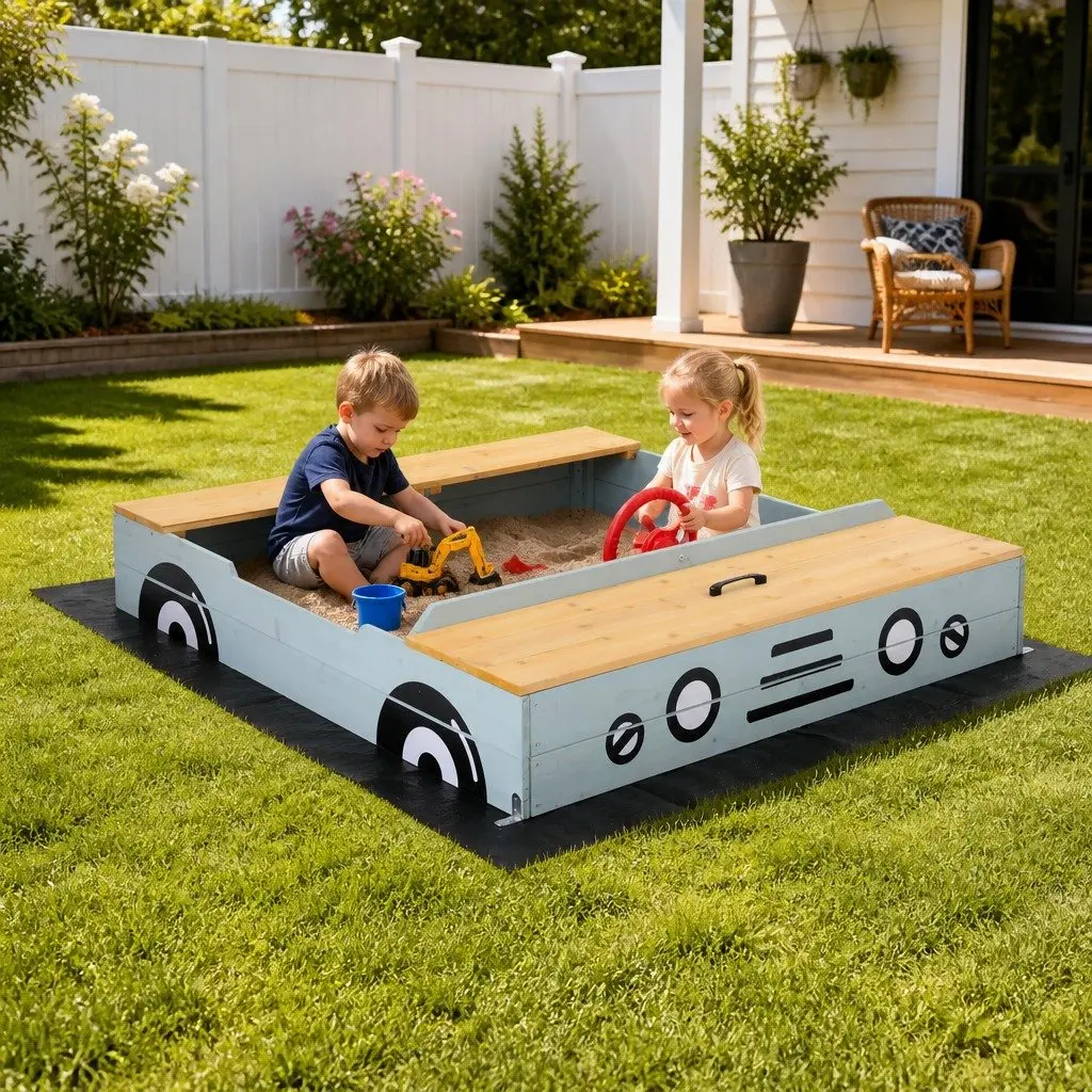 Wooden Car Sandbox 120cm Kids Outdoor Sandpit Bench Seats Storage Steering Wheel