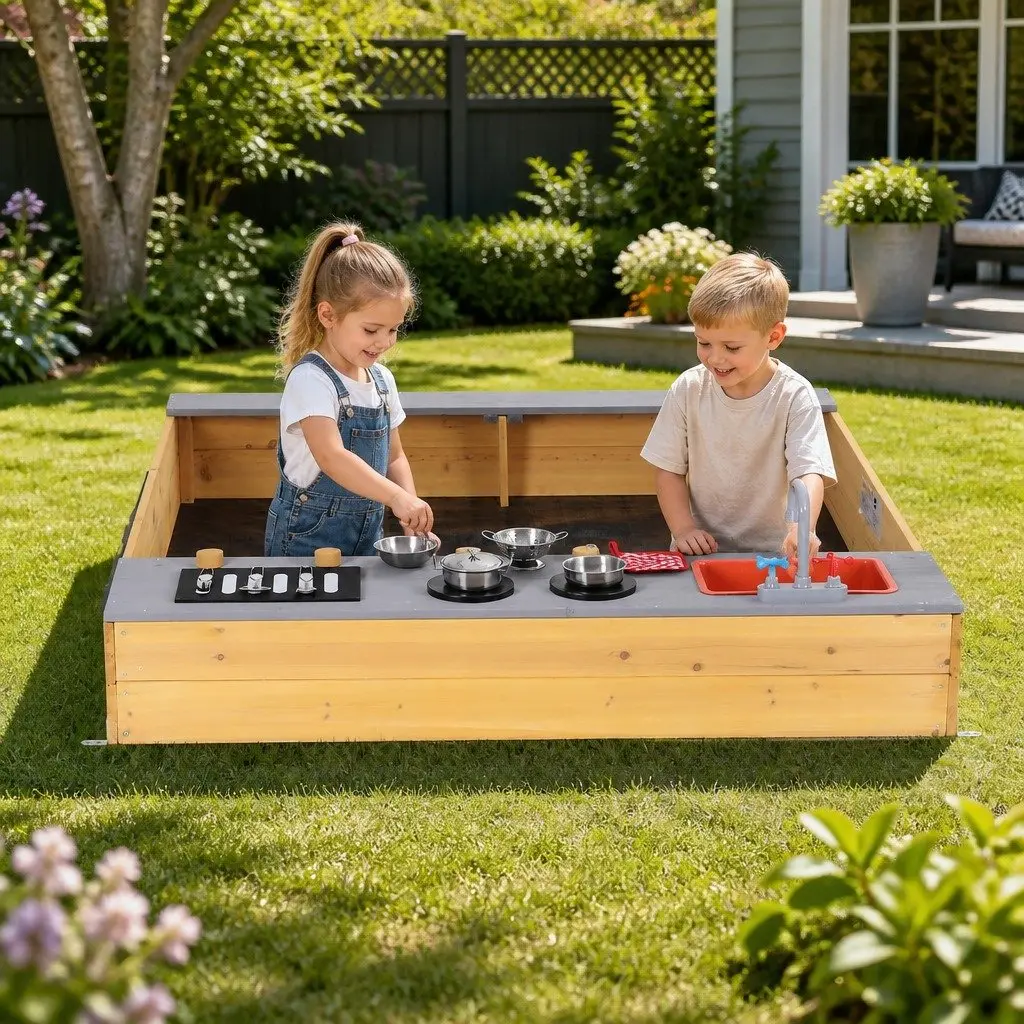 Wooden Sandpit Mud Kitchen Outdoor Kids Activity Toy Box Play Station Bench 125 x 135 x 20.5cm
