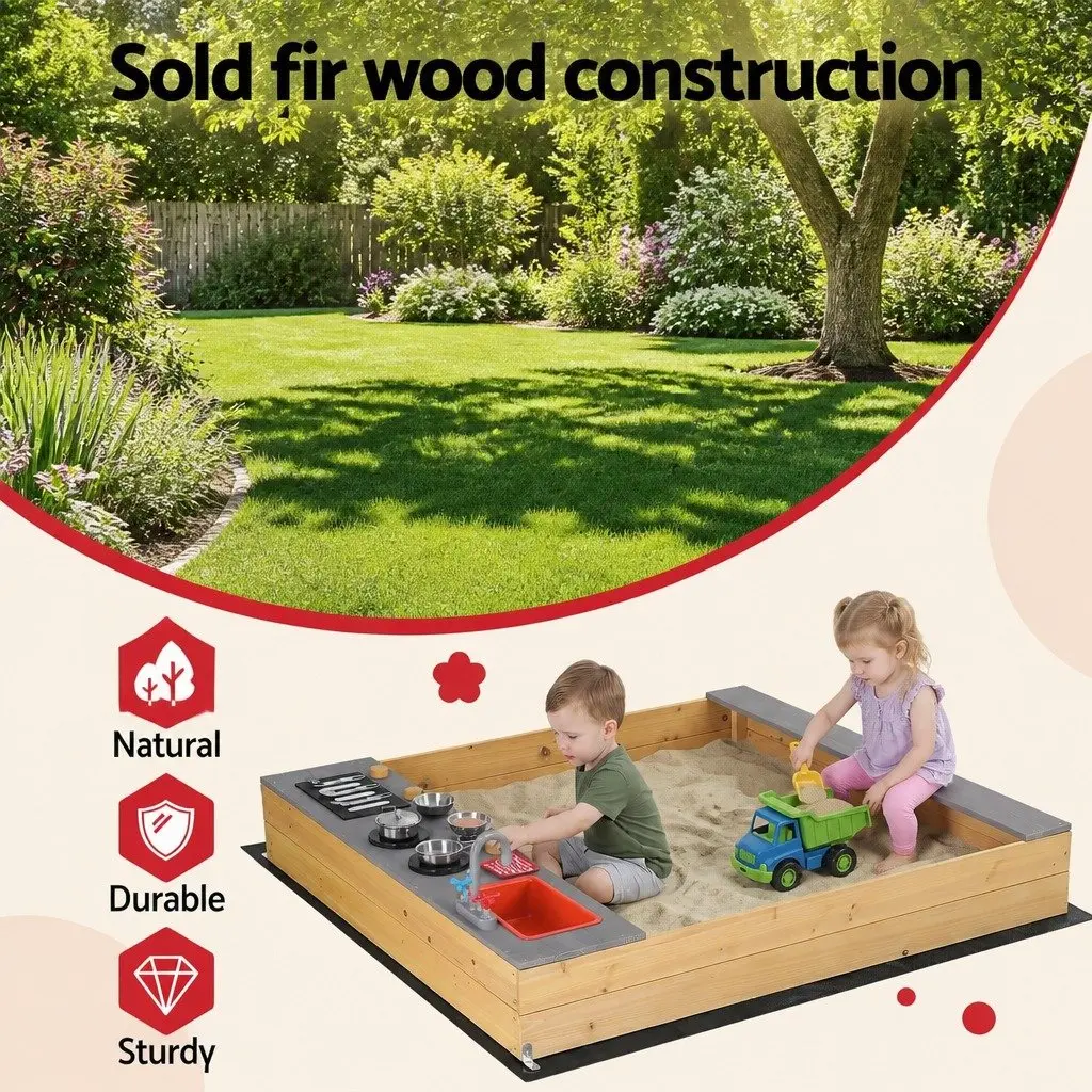 Wooden Sandpit Mud Kitchen Outdoor Kids Activity Toy Box Play Station Bench 125 x 135 x 20.5cm