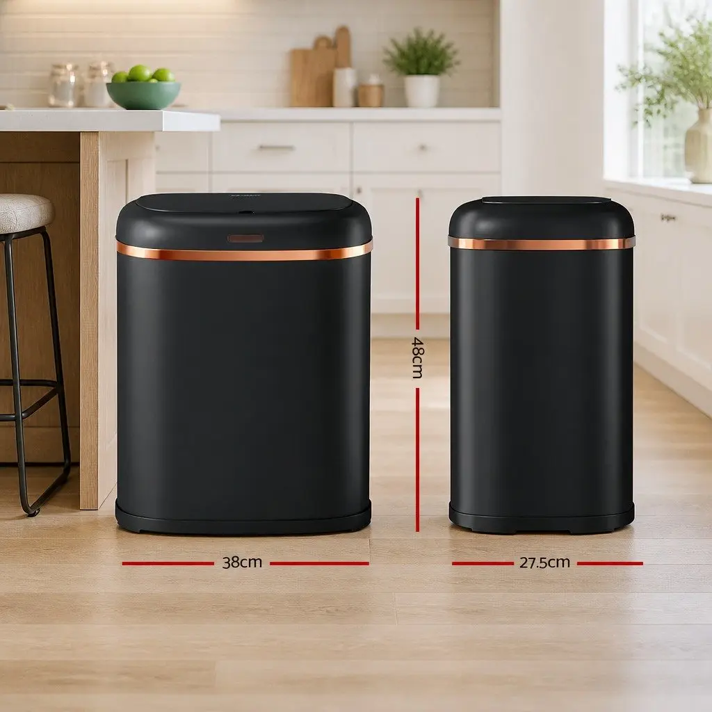 Motion Sensor Automatic Rubbish Bin 38L Hands-Free Kitchen Trash Can Black Steel