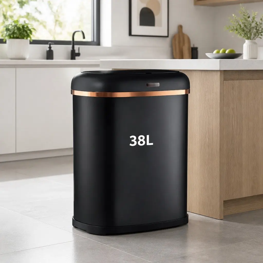 Motion Sensor Automatic Rubbish Bin 38L Hands-Free Kitchen Trash Can Black Steel