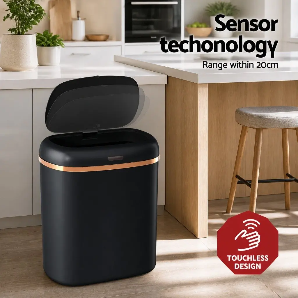 Motion Sensor Automatic Rubbish Bin 38L Hands-Free Kitchen Trash Can Black Steel
