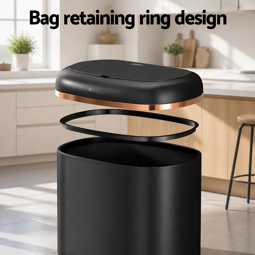 Motion Sensor Automatic Rubbish Bin 38L Hands-Free Kitchen Trash Can Black Steel