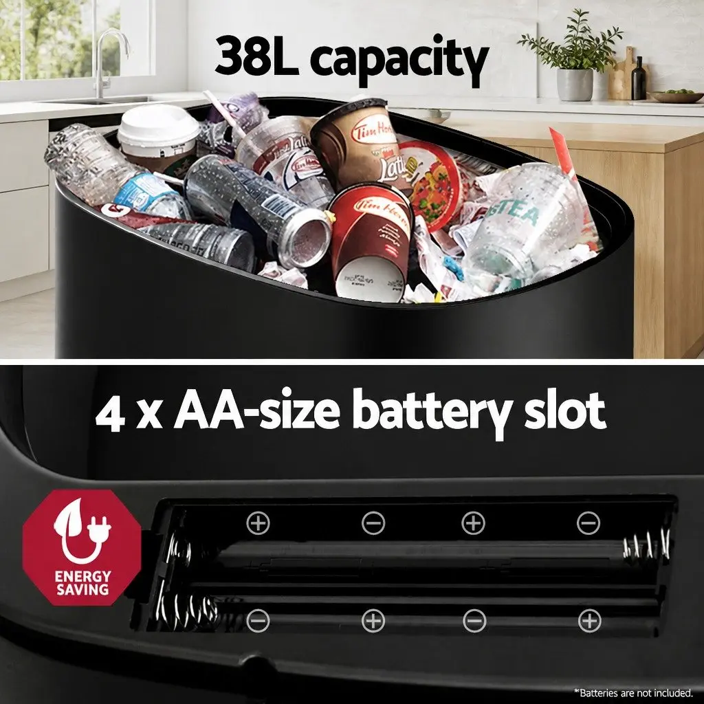 Motion Sensor Automatic Rubbish Bin 38L Hands-Free Kitchen Trash Can Black Steel