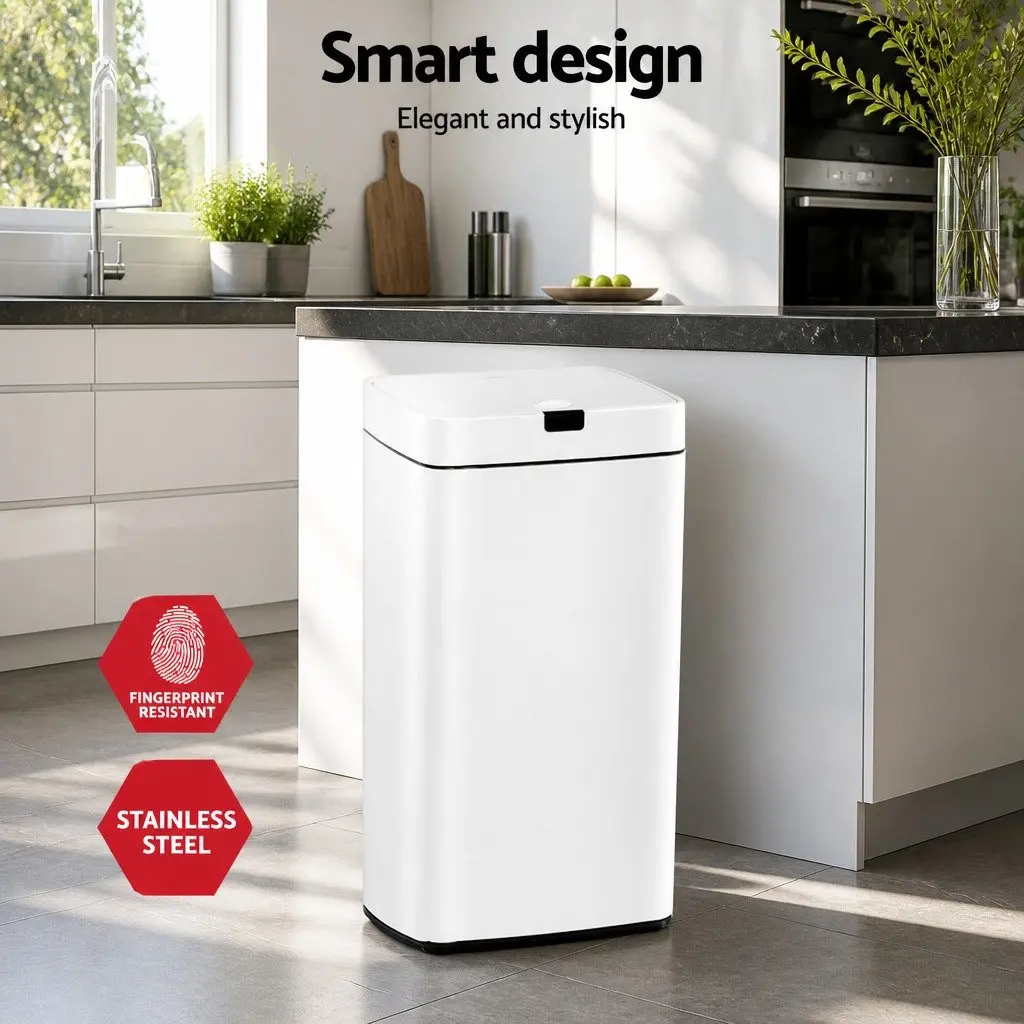 Automatic Trash Bin 45L Motion Sensor Hands-Free Soft Close White Steel