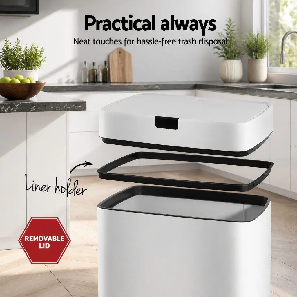 Automatic Trash Bin 45L Motion Sensor Hands-Free Soft Close White Steel