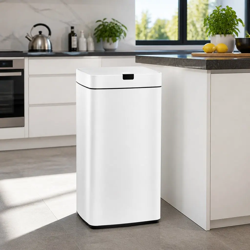 Automatic Trash Bin 45L Motion Sensor Hands-Free Soft Close White Steel