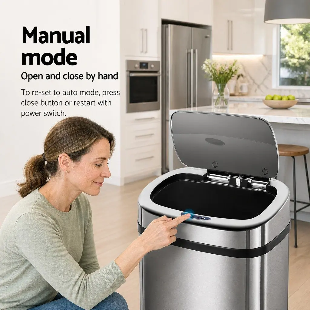 Automatic Motion Sensor Bin 50L Silver Stainless Steel Hands-Free Kitchen Waste Bin
