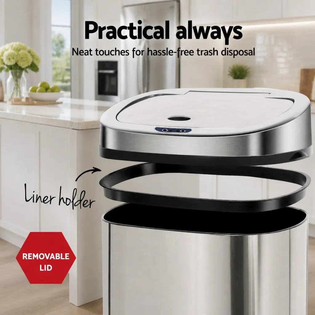Automatic Motion Sensor Bin 50L Silver Stainless Steel Hands-Free Kitchen Waste Bin