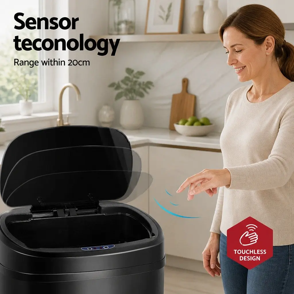 Motion Sensor Automatic Rubbish Bin 58L Hands-Free Kitchen Waste Black Steel