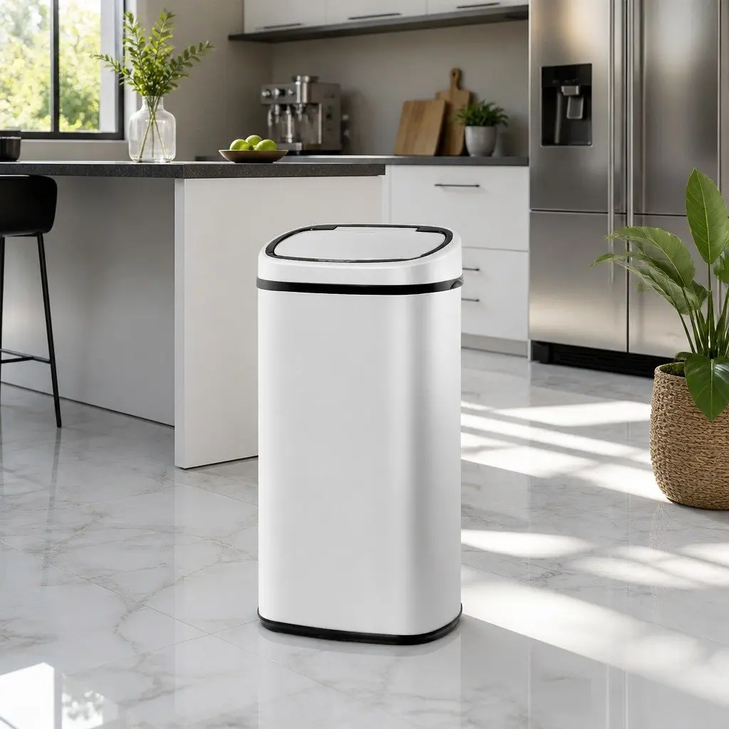 Motion Sensor Rubbish Bin 58L Automatic Hands-Free Kitchen Waste White Steel