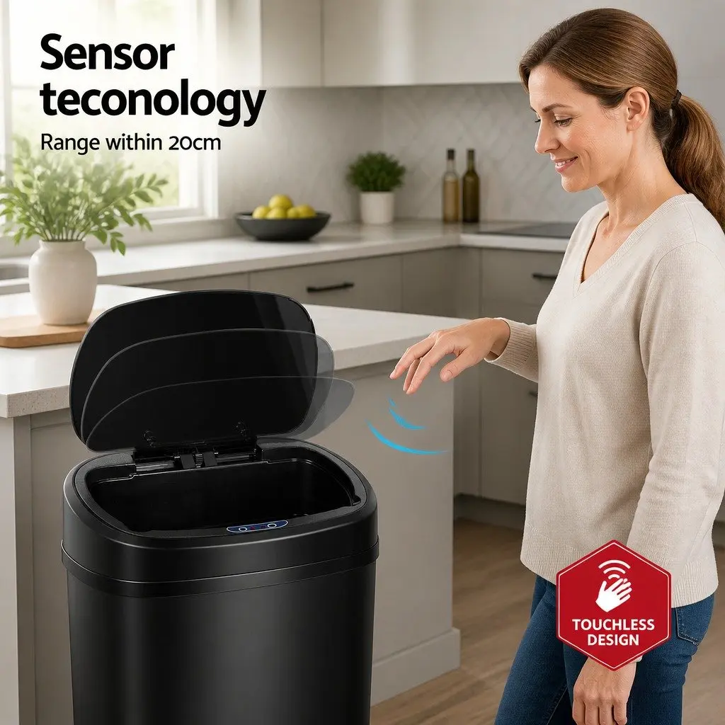 Automatic Motion Sensor Rubbish Bin Touchless 68L Black Steel