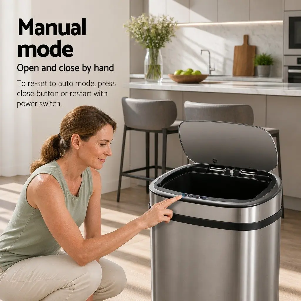 Automatic Motion Sensor Rubbish Bin Hands-Free 68L Silver Trash Can