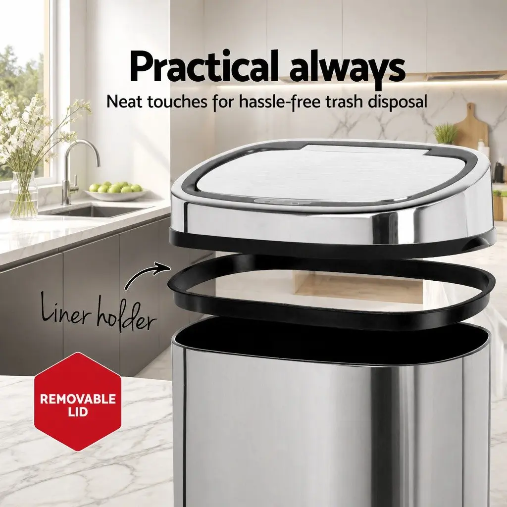 Automatic Motion Sensor Rubbish Bin Hands-Free 68L Silver Trash Can