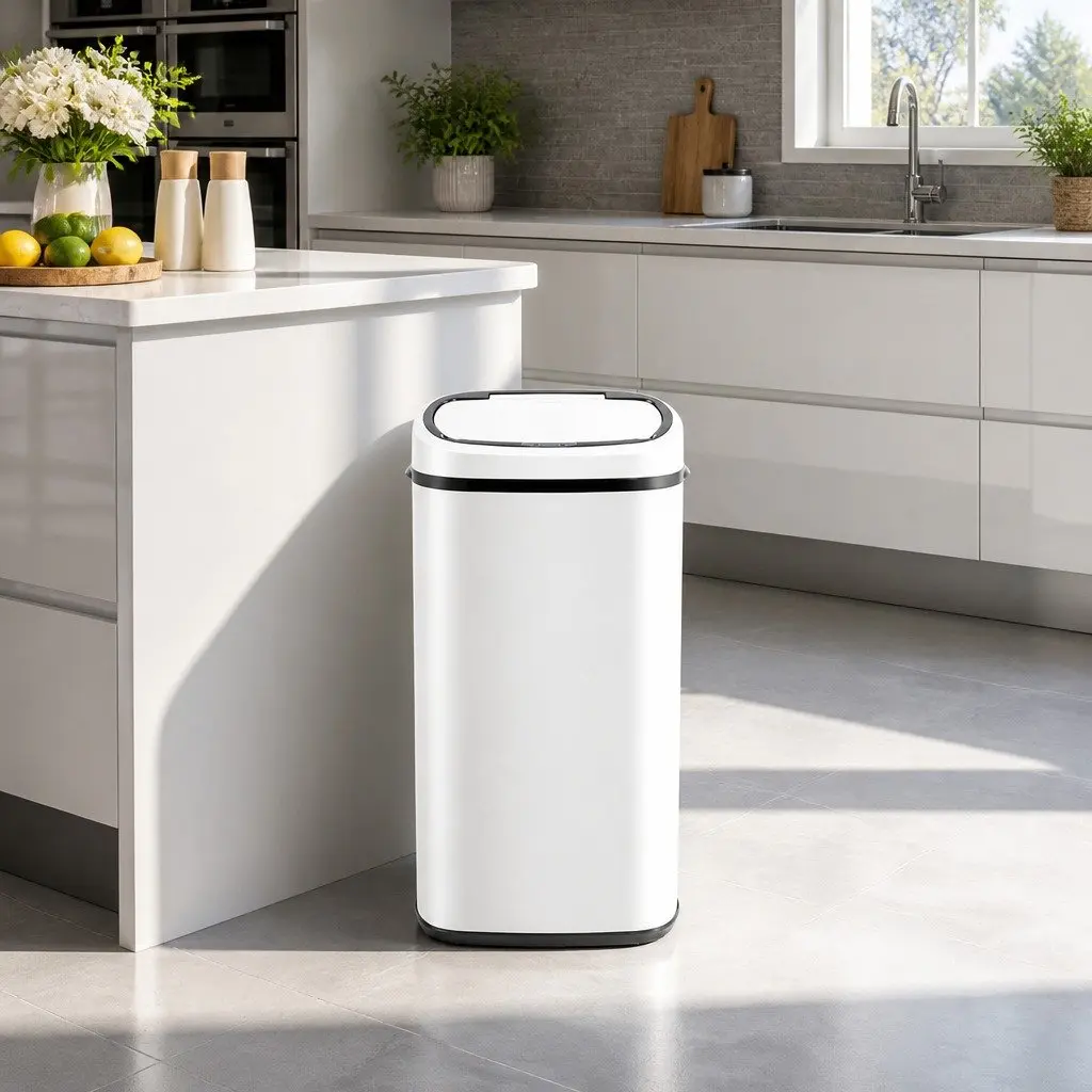 Motion Sensor Rubbish Bin 68L Automatic Kitchen Hands-Free White Steel