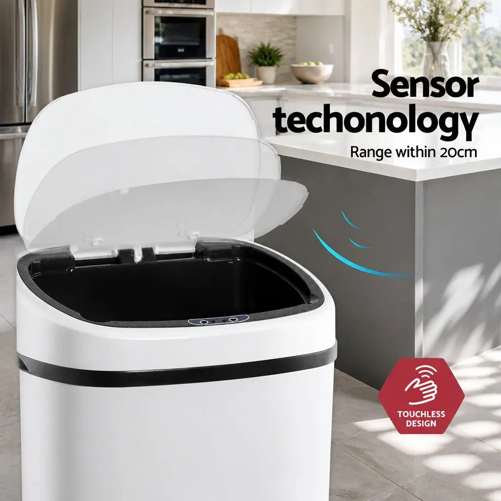 Motion Sensor Rubbish Bin 68L Automatic Kitchen Hands-Free White Steel