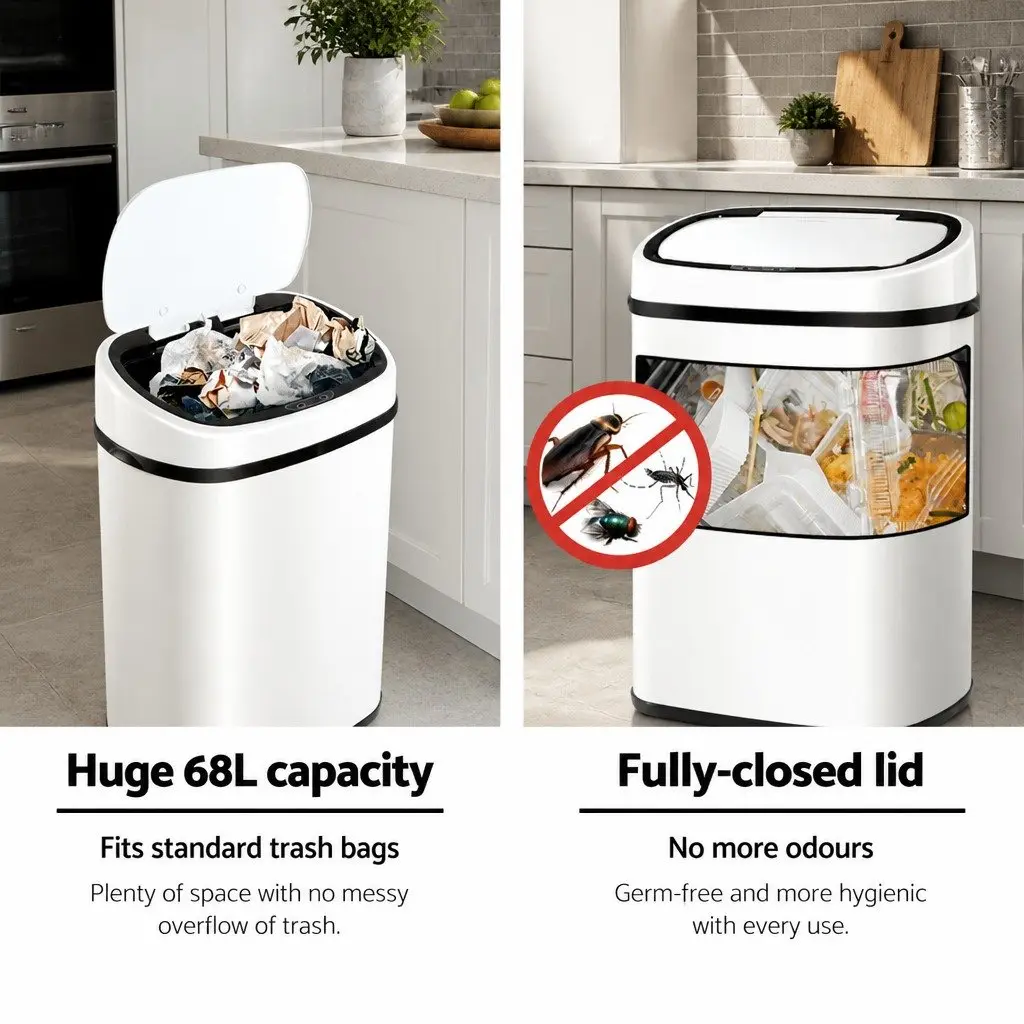 Motion Sensor Rubbish Bin 68L Automatic Kitchen Hands-Free White Steel