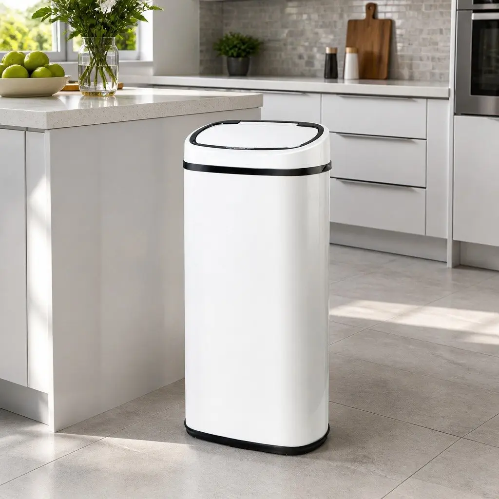 Motion Sensor Rubbish Bin 68L Automatic Kitchen Hands-Free White Steel