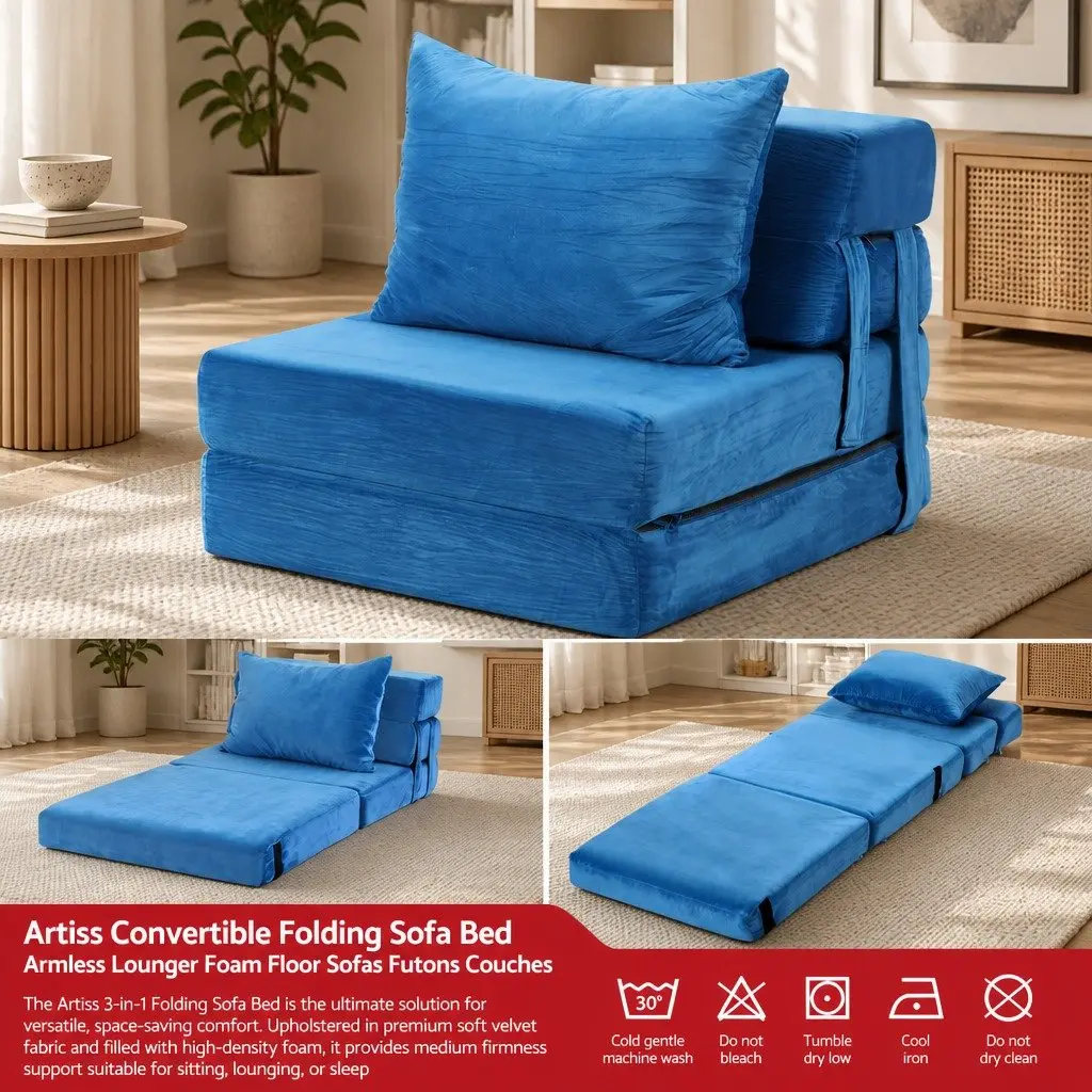 Convertible Folding Sofa Bed Armless Lounger Foam Floor Sofa Blue 3-in-1 Chair