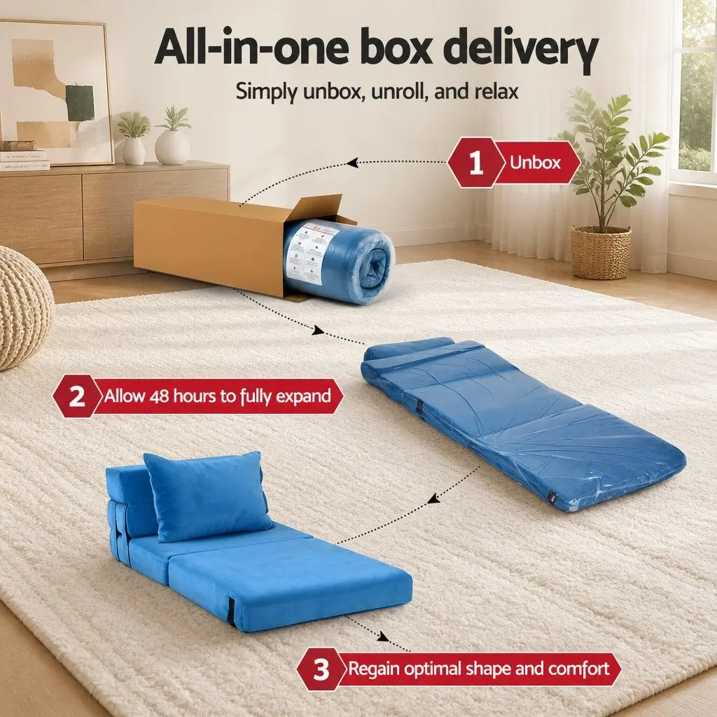 Convertible Folding Sofa Bed Armless Lounger Foam Floor Sofa Blue 3-in-1 Chair