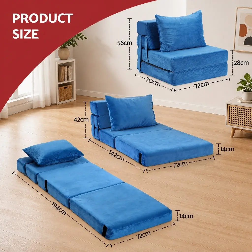 Convertible Folding Sofa Bed Armless Lounger Foam Floor Sofa Blue 3-in-1 Chair