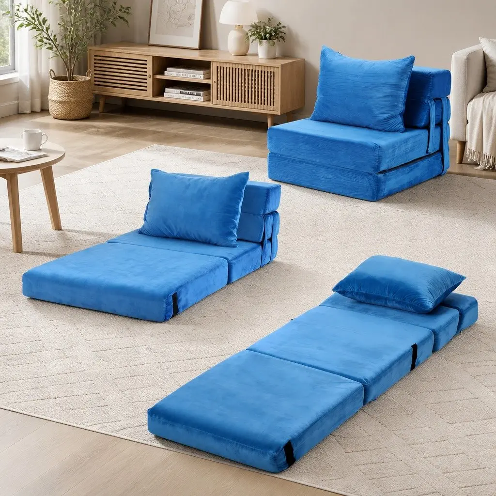 Convertible Folding Sofa Bed Armless Lounger Foam Floor Sofa Blue 3-in-1 Chair