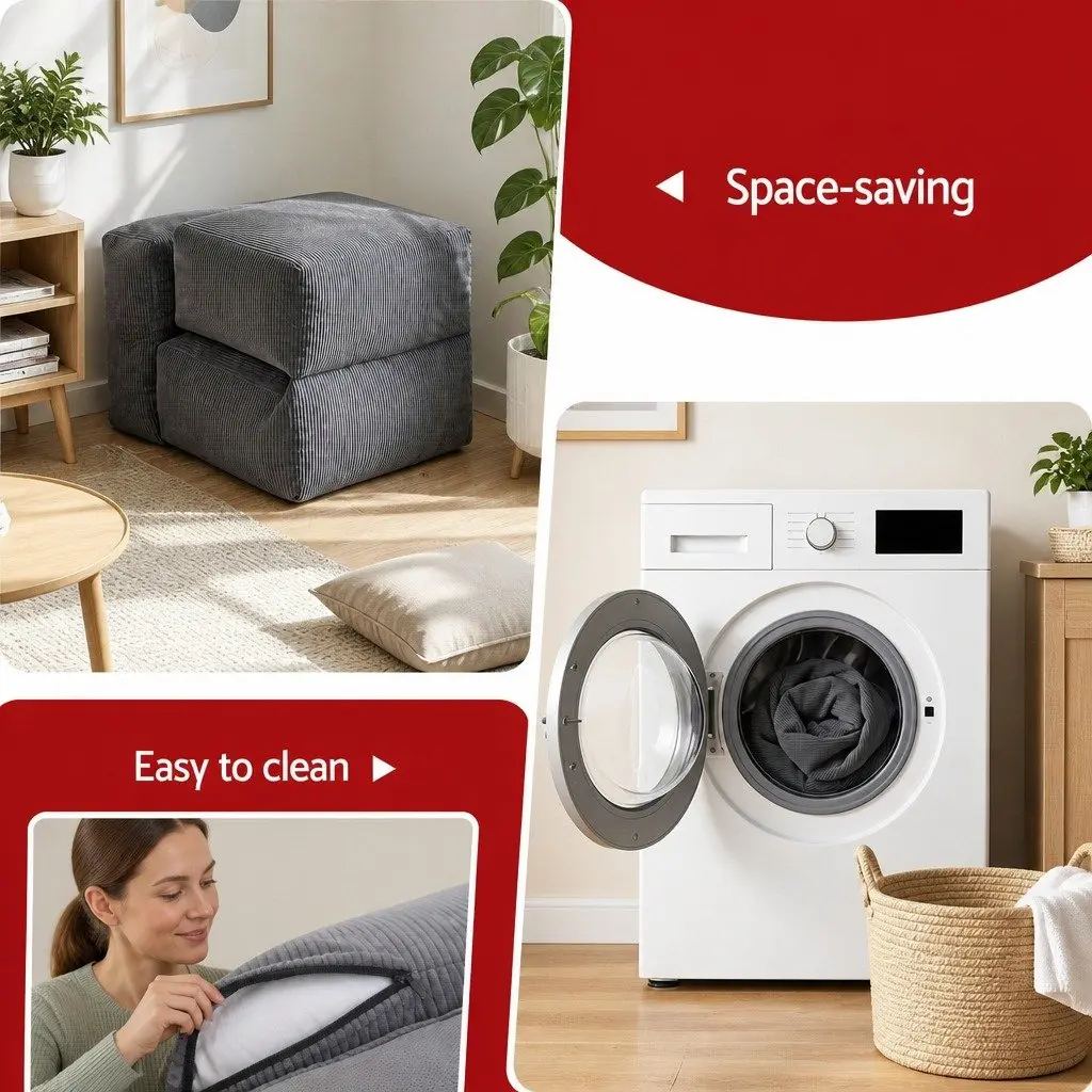 Foldable Bean Bag Sofa Bed Compact Grey Boneless Lounger Chair