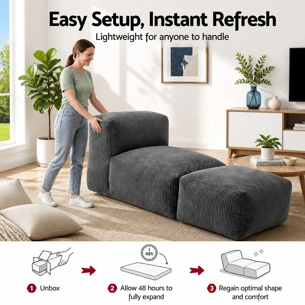 Foldable Bean Bag Sofa Bed Compact Grey Boneless Lounger Chair