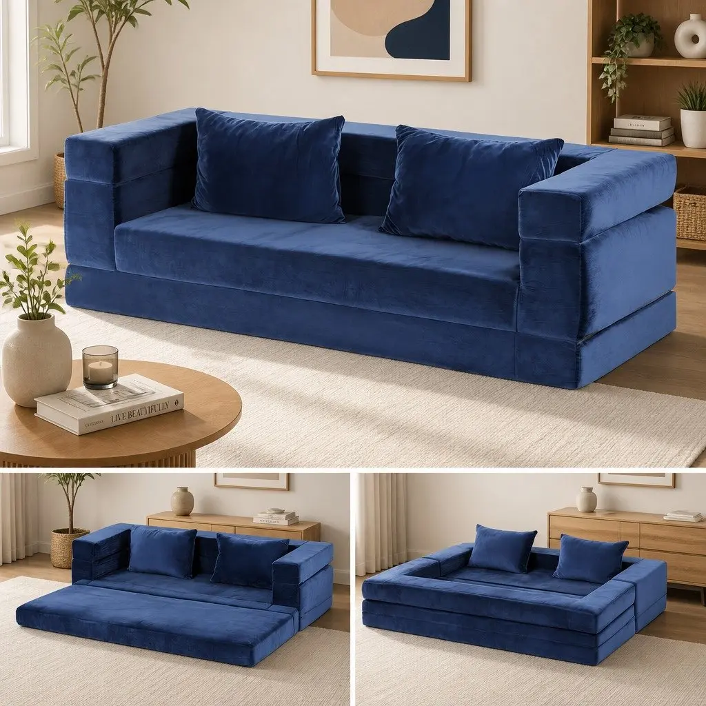 Convertible Folding Sofa Bed Pull Out Mattress Foldable Lounge Couch Chair Blue