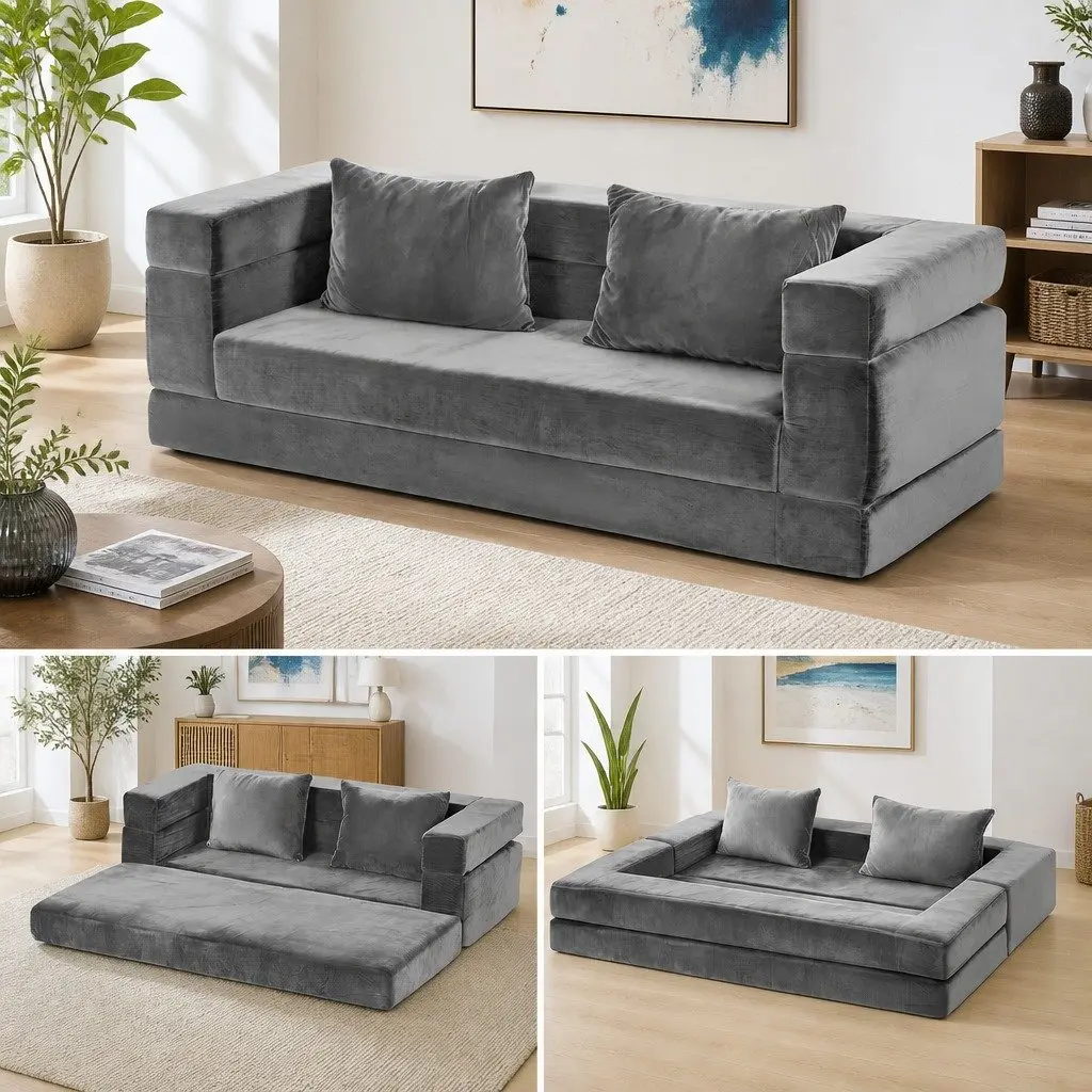Convertible Sofa Bed 3-in-1 Functionality Grey