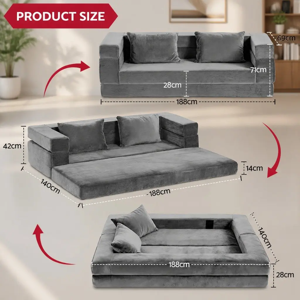 Convertible Sofa Bed 3-in-1 Functionality Grey