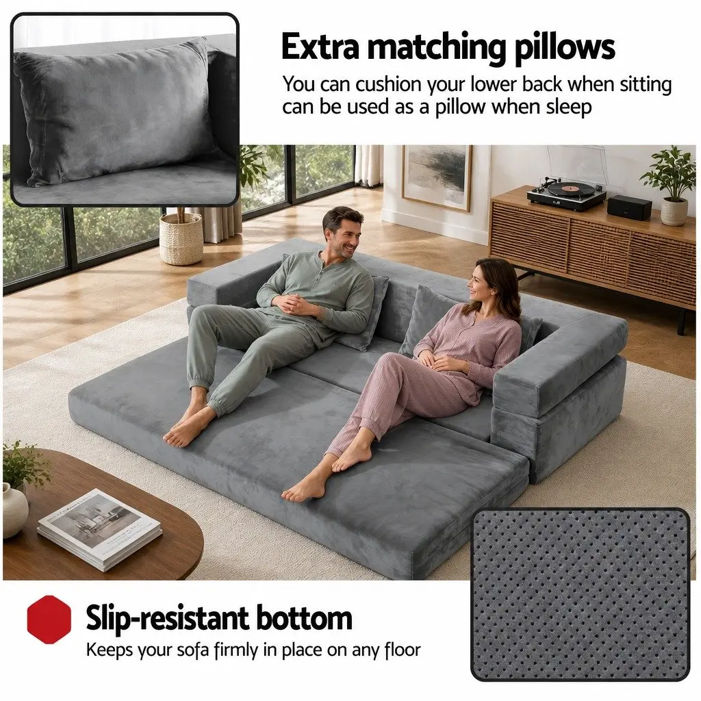 Convertible Sofa Bed 3-in-1 Functionality Grey