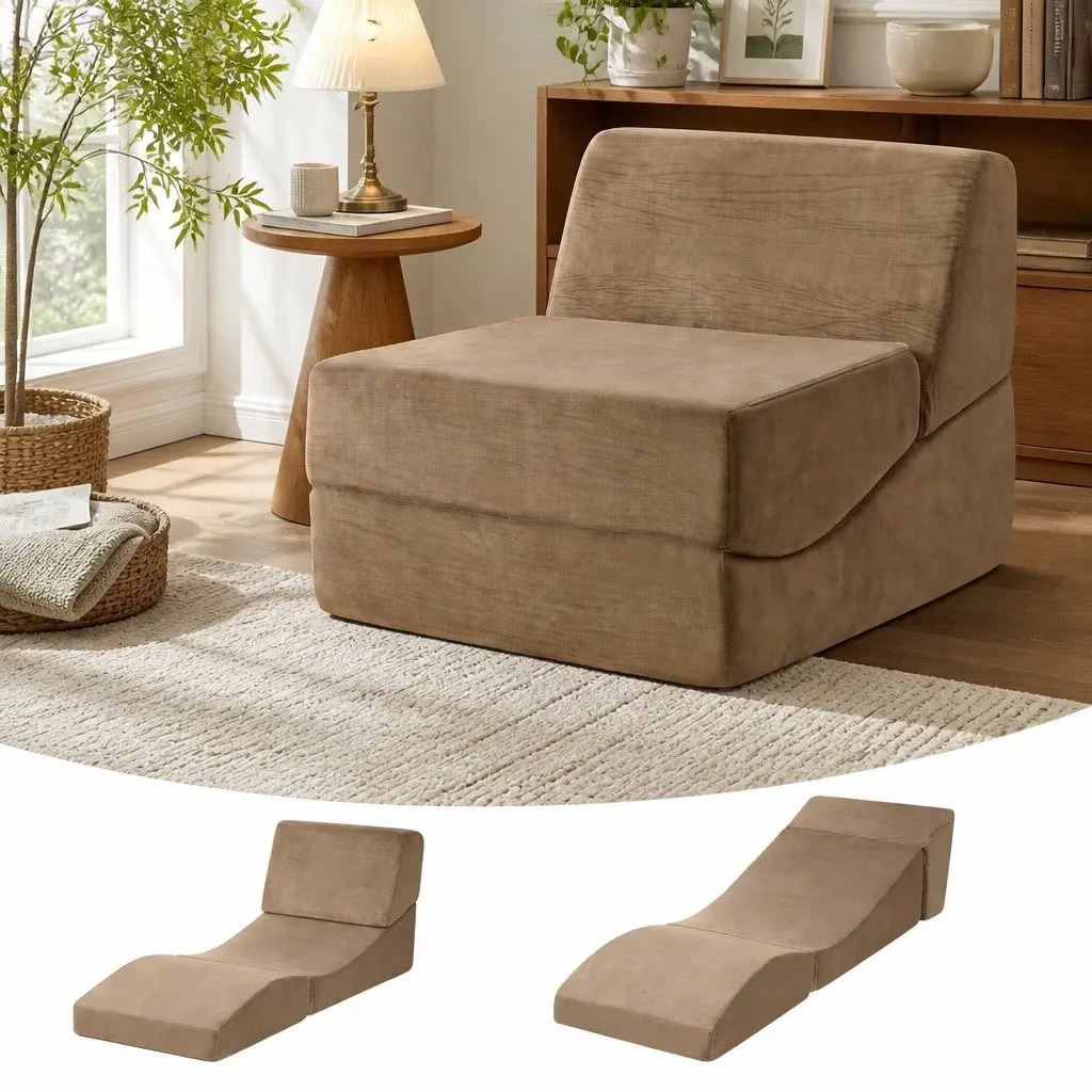Folding Sofa Bed Convertible Armless Foam Lounger Couch Chair Brown 3-in-1