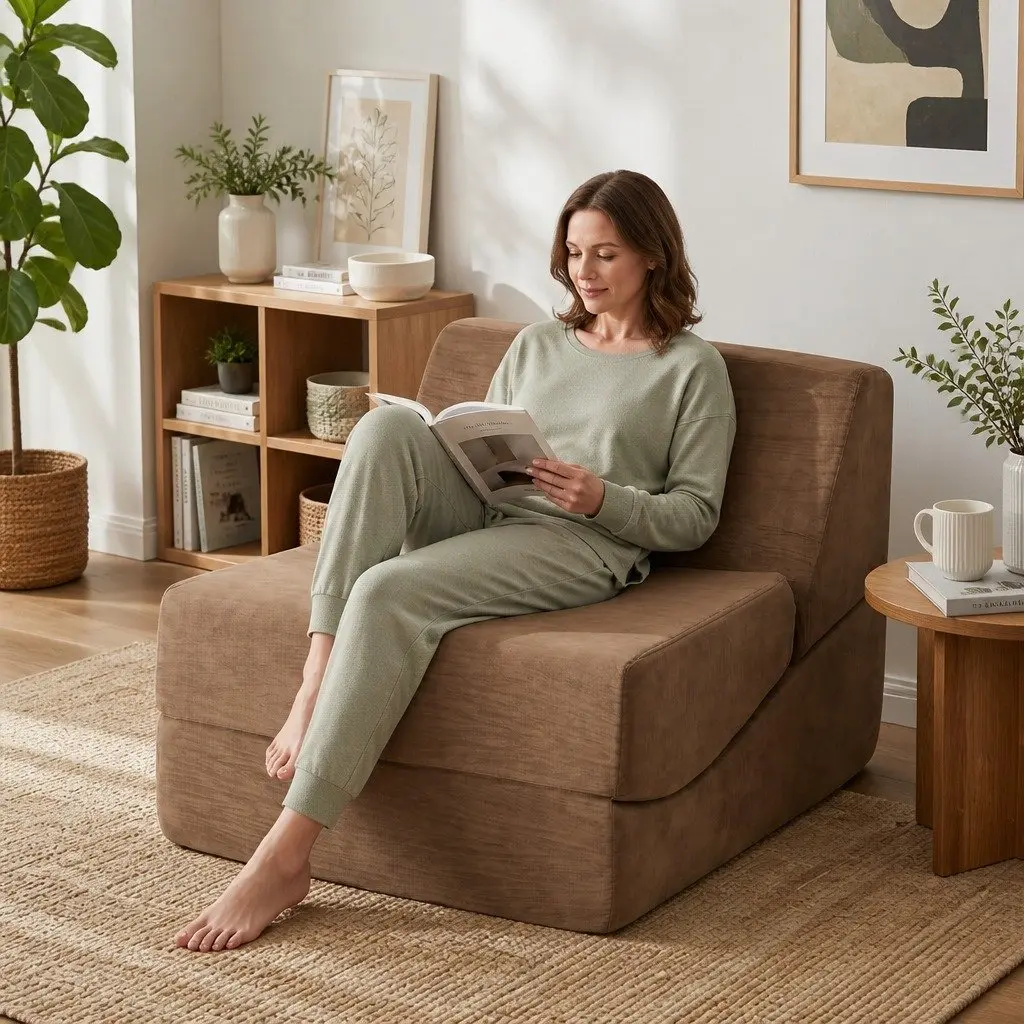 Folding Sofa Bed Convertible Armless Foam Lounger Chair Brown 3-in-1