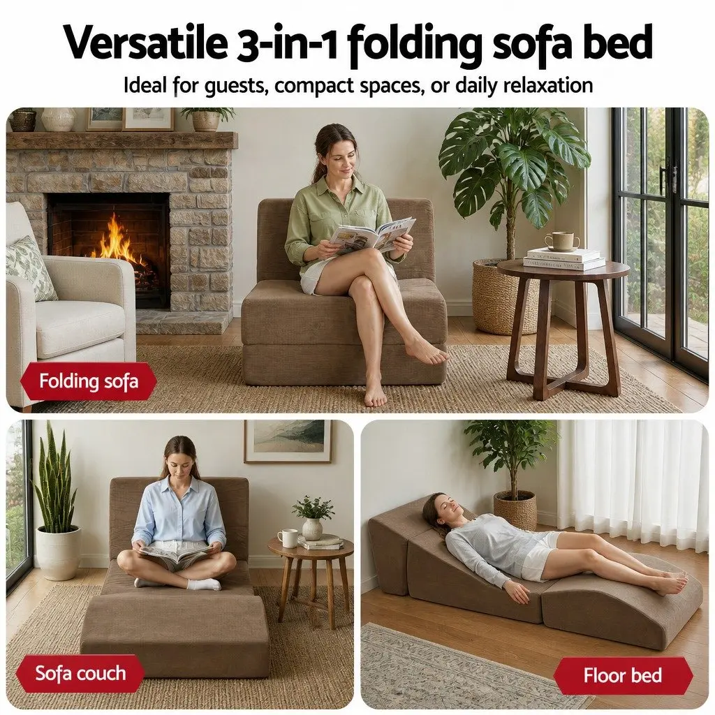 Folding Sofa Bed Convertible Armless Foam Lounger Chair Brown 3-in-1