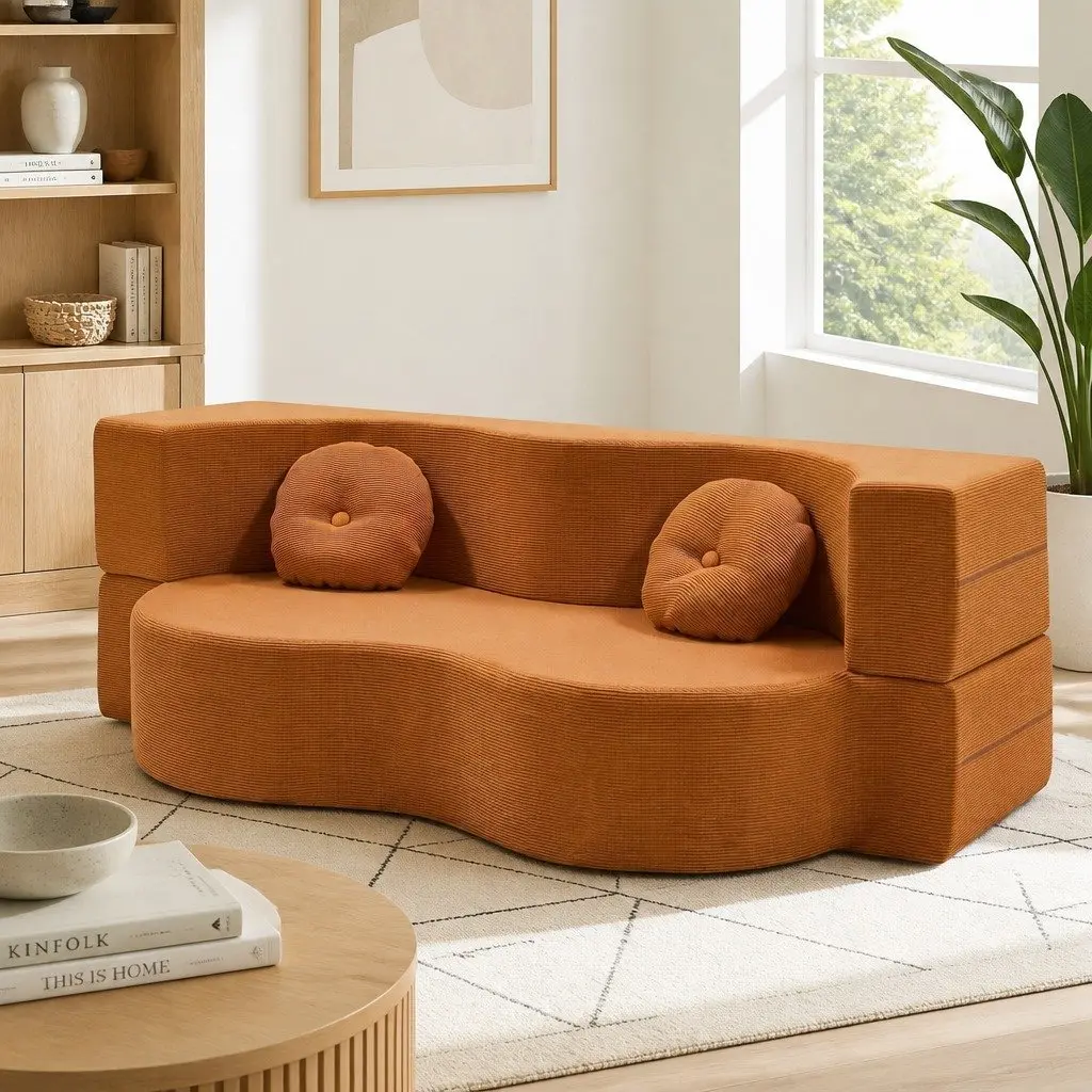 Folding Sofa Bed Convertible Futon Curved Couch Orange