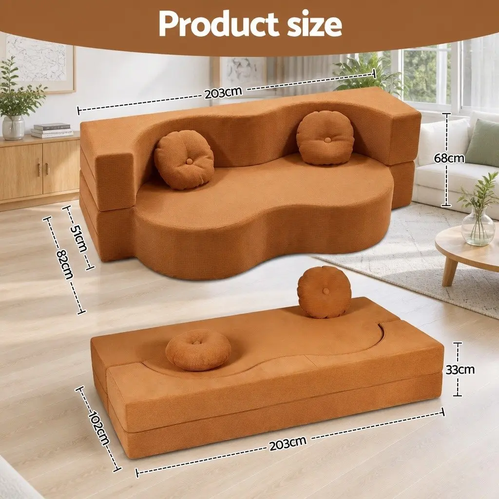 Folding Sofa Bed Convertible Futon Curved Couch Orange