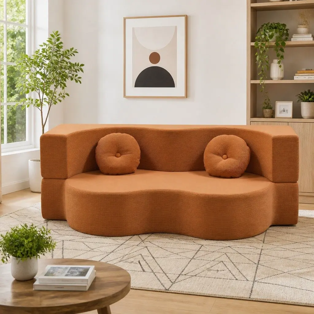 Folding Sofa Bed Convertible Futon Curved Couch Orange