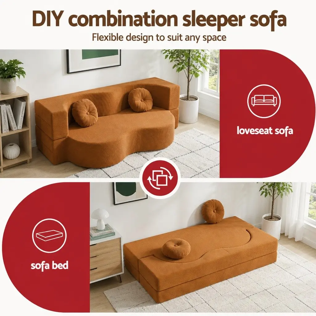 Folding Sofa Bed Convertible Futon Curved Couch Orange