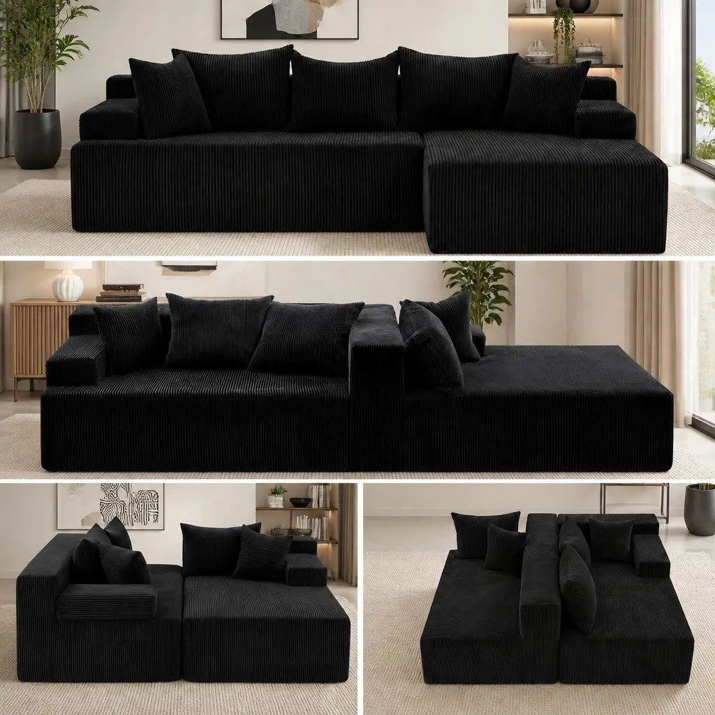 L-Shaped Modular Sectional Sofa Bed Convertible Couch Corduroy Fabric 4-Seater